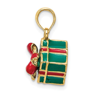14k Yellow Gold 3-D w/Enamel Green Gift Box w/Red Bow Pendant