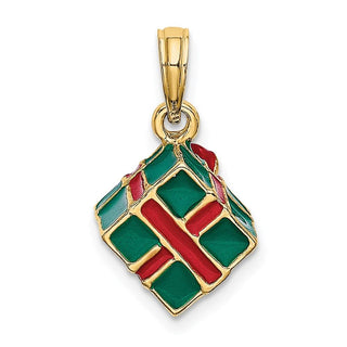 14k Yellow Gold 3-D w/Enamel Green Gift Box w/Red Bow Pendant
