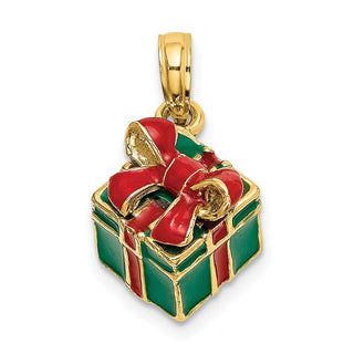 14k Yellow Gold 3-D w/Enamel Green Gift Box w/Red Bow Pendant