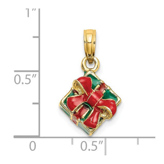 14k Yellow Gold 3-D w/Enamel Green Gift Box w/Red Bow Pendant