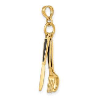 14k Yellow Gold 3-D Enamel Knife, Fork, Spoon Moveable Pendant