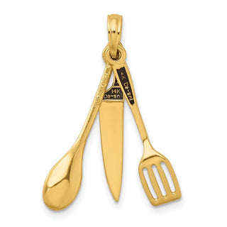 14k Yellow Gold 3-D Enamel Butcher Knife, Spoon and Spatula Moveable Pendant