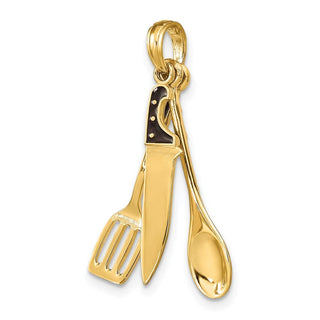14k Yellow Gold 3-D Enamel Butcher Knife, Spoon and Spatula Moveable Pendant