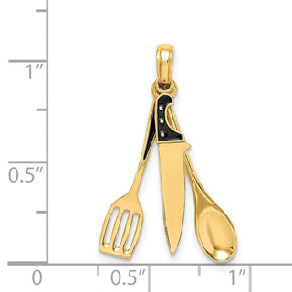 14k Yellow Gold 3-D Enamel Butcher Knife, Spoon and Spatula Moveable Pendant
