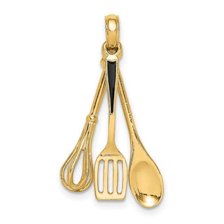 14k Yellow Gold 3-D Enamel Spatula, Wooden Spoon, Whisk Moveable Pendant