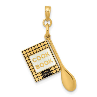 14k Yellow Gold 3-D Cook Book w/ Black Enamel and Wooden Spoon Pendant