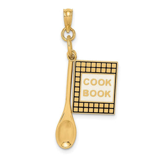 14k Yellow Gold 3-D Cook Book w/ Black Enamel and Wooden Spoon Pendant