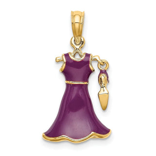 14k Yellow Gold 3-D Moveable Enamel Eggplant Dress w/Shoe Pendant