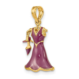 14k Yellow Gold 3-D Moveable Enamel Eggplant Dress w/Shoe Pendant