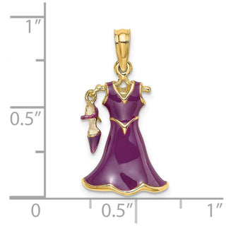 14k Yellow Gold 3-D Moveable Enamel Eggplant Dress w/Shoe Pendant