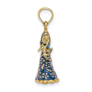 14k Yellow Gold 3-D Moveable Enamel Blue Floral Dress w/Shoe Pendant