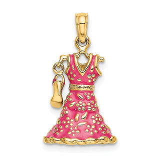 14k Yellow Gold 3-D Moveable Enamel Pink Floral Dress w/Shoe Pendant