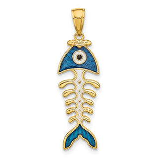 14k Yellow Gold 3D Blue Enamel Fish Bone Pendant