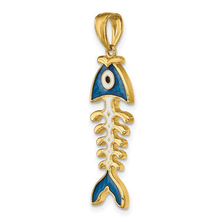 14k Yellow Gold 3D Blue Enamel Fish Bone Pendant