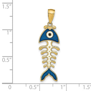 14k Yellow Gold 3D Blue Enamel Fish Bone Pendant