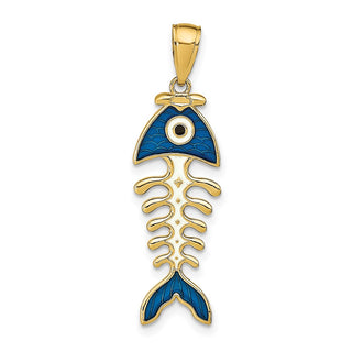 14k Yellow Gold 3D Blue Enamel Fish Bone Pendant