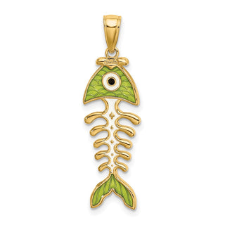 14k Yellow Gold 3D Green Enamel Fish Bone Pendant K7049