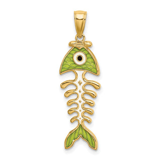 14k Yellow Gold 3D Green Enamel Fish Bone Pendant K7049