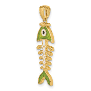 14k Yellow Gold 3D Green Enamel Fish Bone Pendant K7049