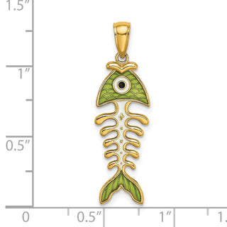 14k Yellow Gold 3D Green Enamel Fish Bone Pendant K7049