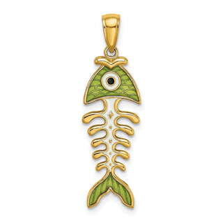 14k Yellow Gold 3D Green Enamel Fish Bone Pendant K7049