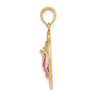14k Yellow Gold Enamel Conch Shell w/Key West Round Frame Pendant