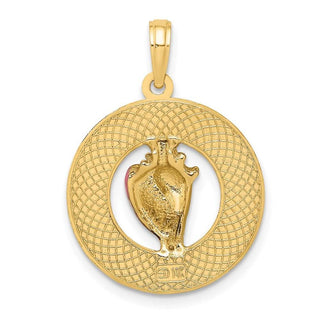 14k Yellow Gold Enamel Conch Shell w/Key West Round Frame Pendant