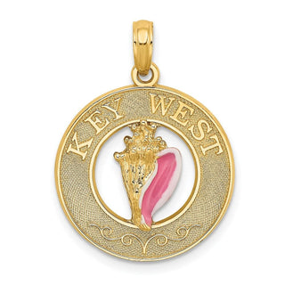 14k Yellow Gold Enamel Conch Shell w/Key West Round Frame Pendant