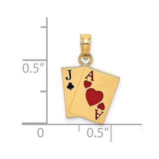 14k Yellow Gold Enamel Jack Of Clubs and Ace Of Hearts Cards Pendant