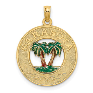 14k Yellow Gold Sarasota Round Frame w/Green Double Palm Tree Pendant