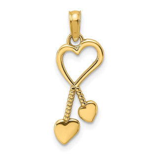 14k Yellow Gold 2-D Polished Heart w/Double Heart Beaded Tassel Pendant