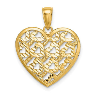 14k Yellow Gold Diamond-Cut Heart Pattern On Heart Pendant