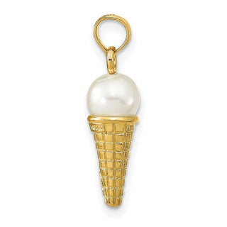 14k Yellow Gold Satin Polished 3D Bead Ice Cream Cone Pendant