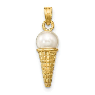 14k Yellow Gold Satin Polished 3D Bead Ice Cream Cone Pendant