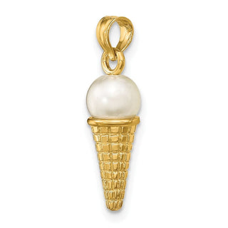 14k Yellow Gold Satin Polished 3D Bead Ice Cream Cone Pendant
