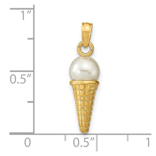 14k Yellow Gold Satin Polished 3D Bead Ice Cream Cone Pendant