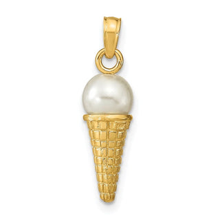 14k Yellow Gold Satin Polished 3D Bead Ice Cream Cone Pendant