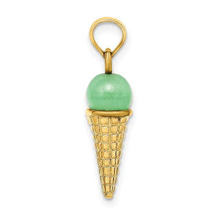 14k Yellow Gold Satin Polished 3D Green Bead Ice Cream Cone Pendant