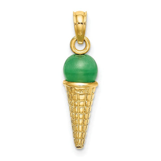 14k Yellow Gold Satin Polished 3D Green Bead Ice Cream Cone Pendant