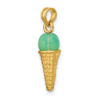 14k Yellow Gold Satin Polished 3D Green Bead Ice Cream Cone Pendant