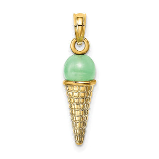 14k Yellow Gold Satin Polished 3D Green Bead Ice Cream Cone Pendant