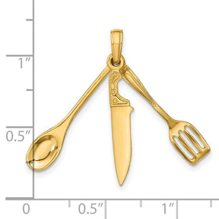 14k Yellow Gold 3-D Moveable Spatula, Spoon, and Knife Pendant