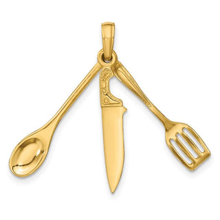 14k Yellow Gold 3-D Moveable Spatula, Spoon, and Knife Pendant