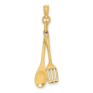 14k Yellow Gold 3-D Moveable Wooden Spoon and Spatula Pendant