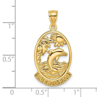 14k Yellow Gold Puerto Rico w/ Dolphin and Sunset In Frame Pendant