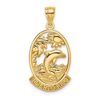 14k Yellow Gold Puerto Rico w/ Dolphin and Sunset In Frame Pendant