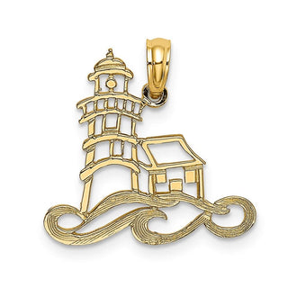 14k Yellow Gold Cut-Out Lighthouse w/Water Pendant
