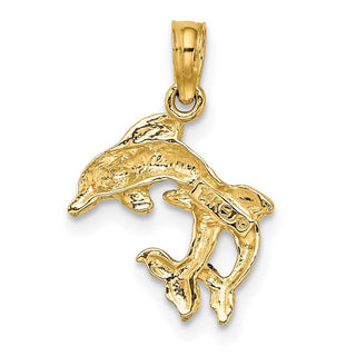 14k Yellow Gold Polished 2-D Mini Double Dolphins Pendant