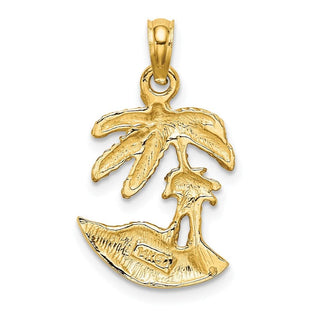 14k Yellow Gold 2-D Palm Trees On Island Pendant