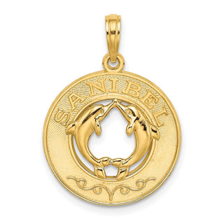 14k Yellow Gold Sanibel Round Frame w/Dolphins Pendant